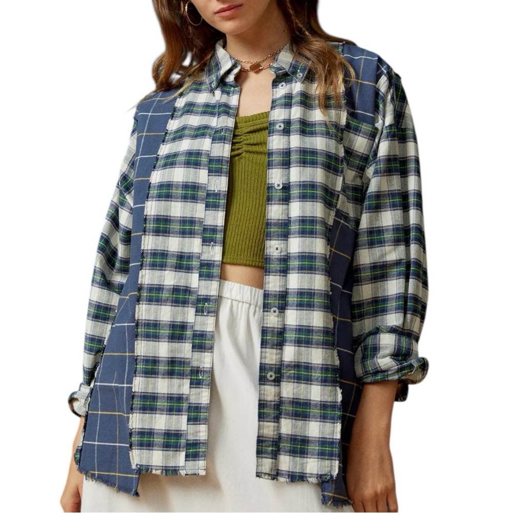 Bdg Spliced Dad Button Down Plaid Patchwork Shirt… - image 1